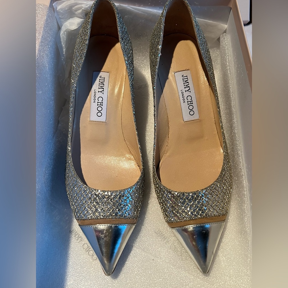 Jimmy Choo Silver Champagne Metallic Pointed Toe Kitten Heels Shoes 37.5 6.5 7